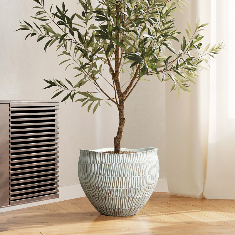 White and Gold V-Pattern Polyresin Round Planter, 9.6" H x 12" W x 12" D