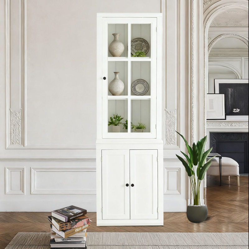 Grande armoire autoportante blanche à trois portes avec rangement en verre et portes réglables pour la cuisine, la salle à manger et le salon