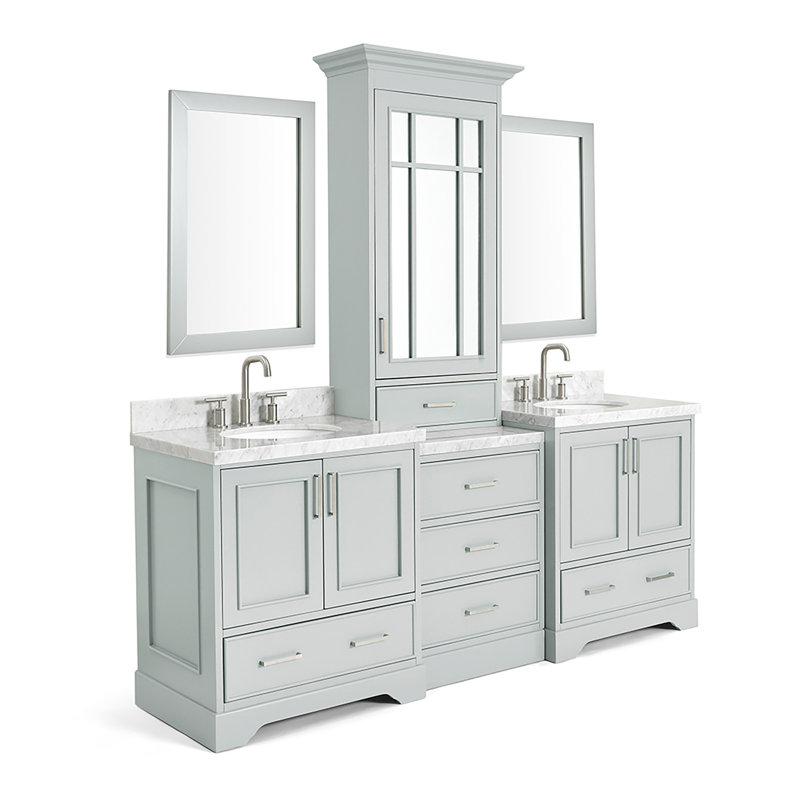 Stafford 85 " W Freestanding Standard 2 Double Vanity Bathroom Vanity With Carrara Marble Top with Mirror, Gray