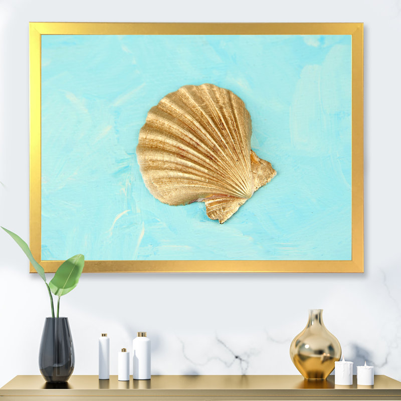 Coquillage doré sur bleu clair - reproduction sur toile, H 12 po x l 20 po, Cadre photo doré