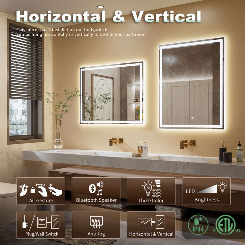 Miroir de salle de bain anti-brouillard lumineux à DEL Baruyr, 40 po x 32 po