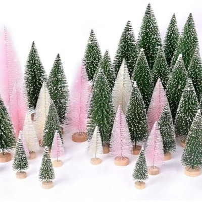 30Pcs Mini Christmas Trees, Artificial Christmas Tree Bottle Brush Trees Christmas With 5 Sizes, Sisal Snow Trees With Wooden Base For Christmas Decor Christmas Party Home Table Craft