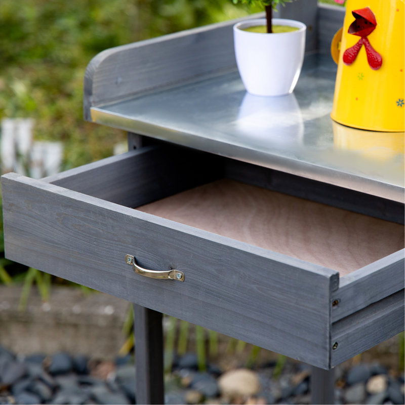 Table de rempotage pour l'extérieur, poste de travail de jardin gris avec tiroir, banc galvanisé, espace de rangement fermé,