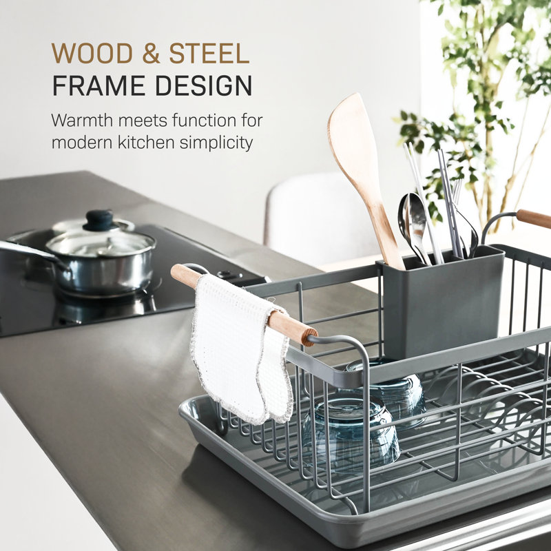 Yamazaki Home Tosca Dish Rack With Removeable Drainer Tray - Steel - Wood, Gray