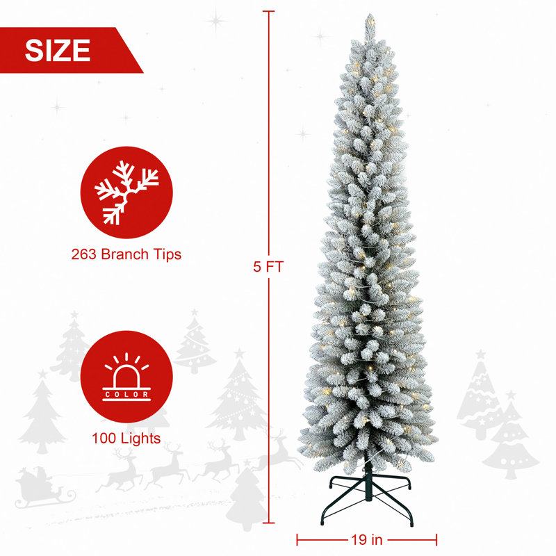 Arbre de Noël floqué avec 150 lumières DEL blanc chaud, arbre en PVC mince enneigé avec 358 pointes, support en métal, conception compacte, facile à installer