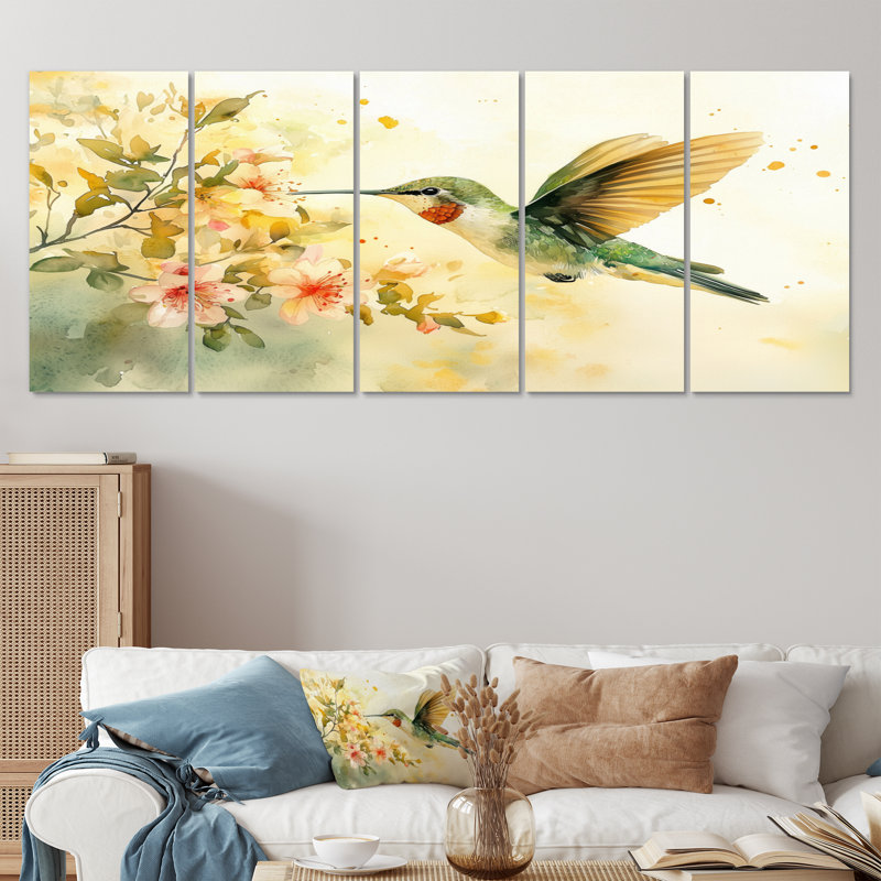 Colibri en vol II - Art mural oiseau - décoration murale moderne, H 32 po x l 80 po