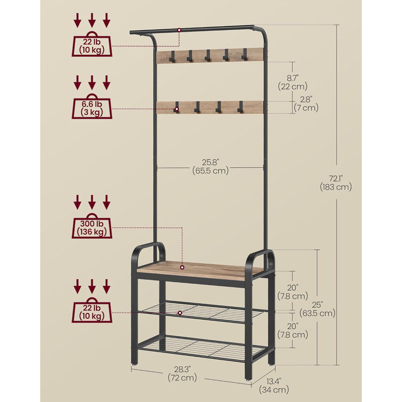 Metal Freestanding 9 - Hook Coat Rack, Camel Brown