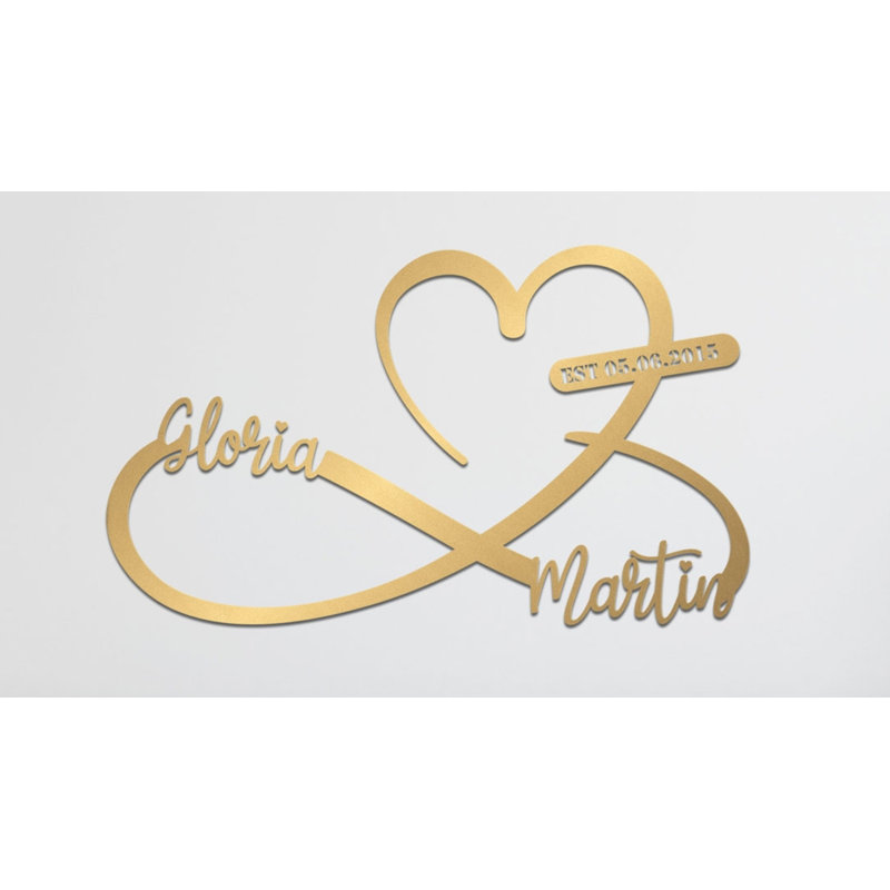 Décoration murale personnalisée en métal cœur et infini en métal pour la Saint-Valentin ou un cadeau de mariage, Or mat, Oui