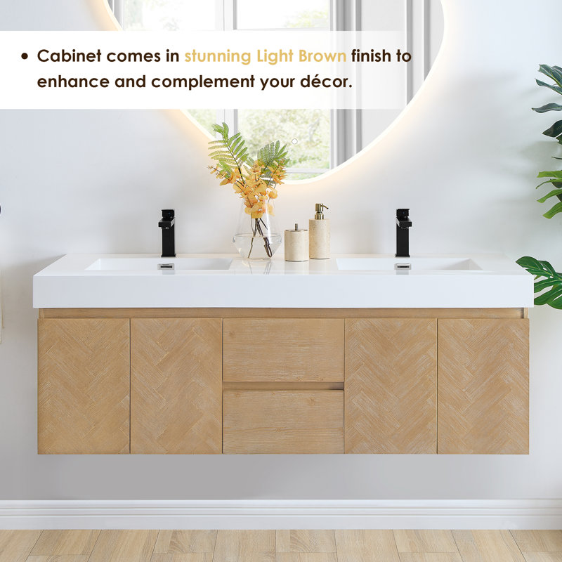 Siena 60" Wall-mounted Double Bathroom Vanity with White Artificial Drop-in Sink without Mirror