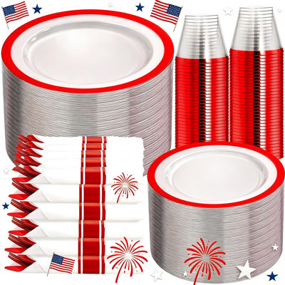 WELLIFE 350 Pcs Red Dinnerware Set for 50 Guests - 50 Dinner & 50 Dessert Plates, 50 Cups, 50 Napkins, 50 Forks, 50 Spoons, 50 Knives