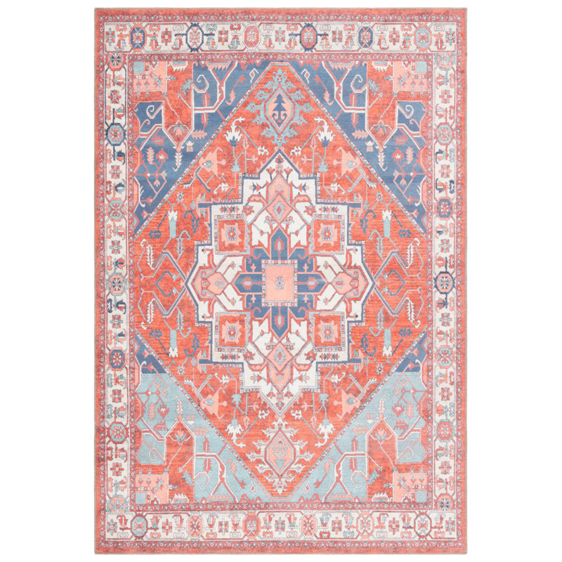 Wassay Cotton/Chenille Machine Washable Southwestern Rug in Rust/Blue, Rectangle 4' x 6'