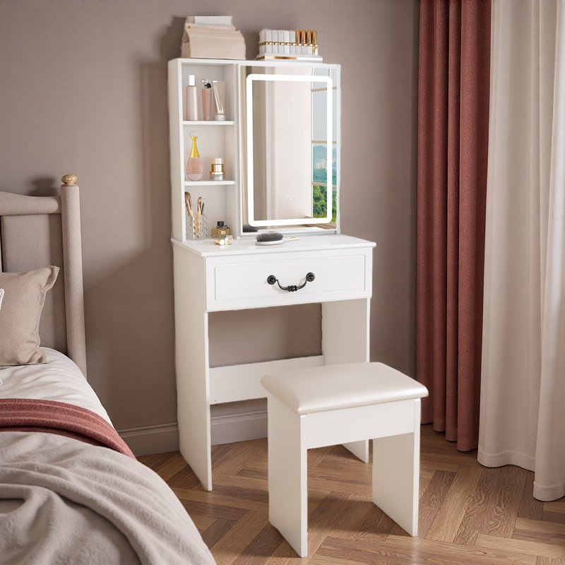White Modern Mini Vanity Desk With Led Mirror, Hidden Storage, Multi-tier Shelves & Padded Stool