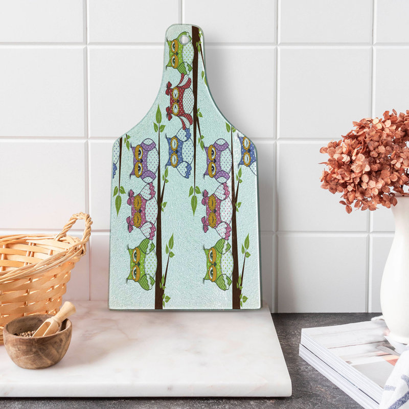 Ambesonne Owls Tempered Glass Cutting Board Birds on Tree Branches Multicolor