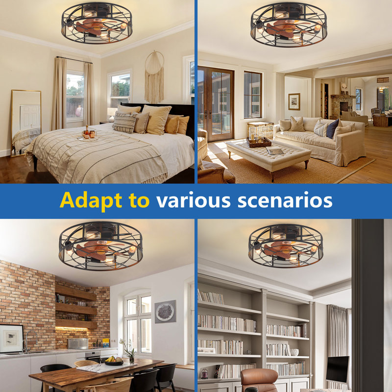 21 Inch Cage Ceiling Fan With Light Flush Mount With Light Remote Control (Bulbs Not Included)