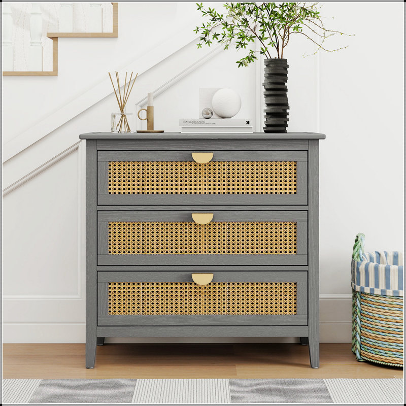 Durable Natural Rattan 3-Drawer Cabinet,  For Bedroom And Living Room Storage Solutions., Gray