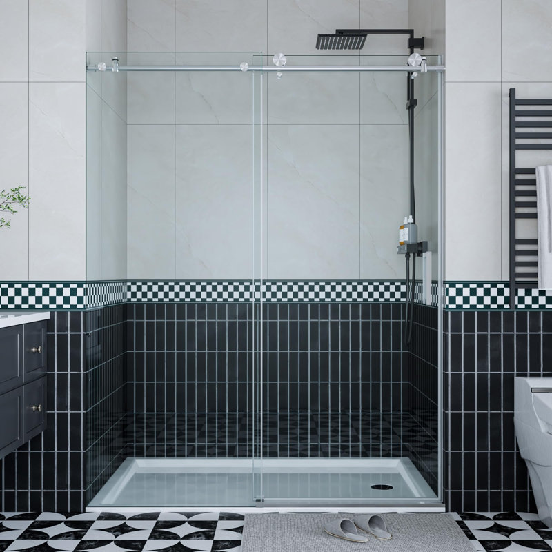 Porte de douche coulissante sans cadre l 60 po x H 76 po, verre trempé de 6 mm avec film antidéflagrant et poignée, Argent