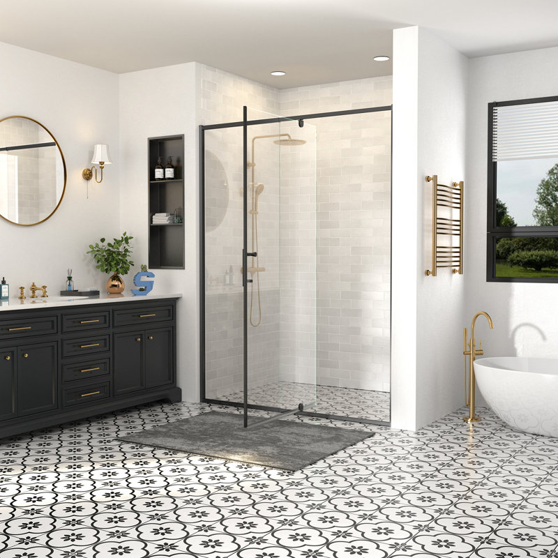 Porte de douche pivotante semi-sans cadre 38-42 po x H 71 po avec verre trempé 1/4 po, Noir