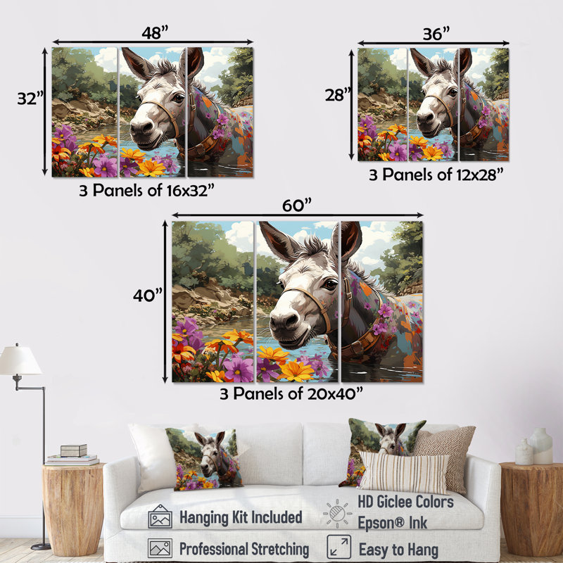 Farmhouse Donkeys Flower Charm III - âne, art mural, H 40 po x l 60 po