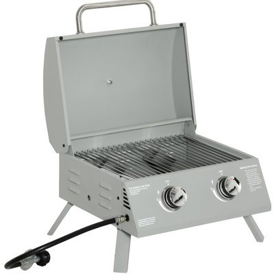 Portable Tabletop 2 Propane Bbq. Grey. Foldable Legs For Mobility. For Camping, Picnic, Backyard. Lid, Thermometer, Grease Tray. 21.75"l X 18.25"w 16.25"h 2 Burner Gas Grill. With Legs.