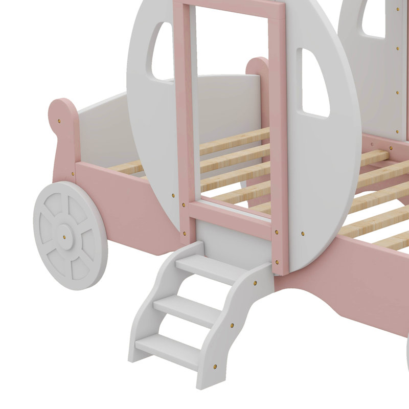 Lit de transport de princesse simple avec couronne, lit de voiture plateforme en bois avec marches, Blanc / rose