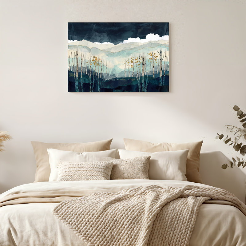 Toile de bouleau bleu sarcelle et montagnes bleues avec feuilles dorées, art mural, H 16 po x l 24 po