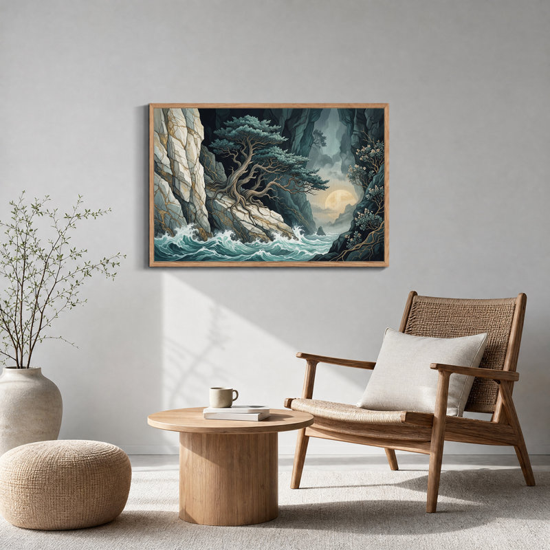 Tableau sur toile représentant une falaise côtière au clair de lune avec un arbre noueux, H 32 po x l 48 po