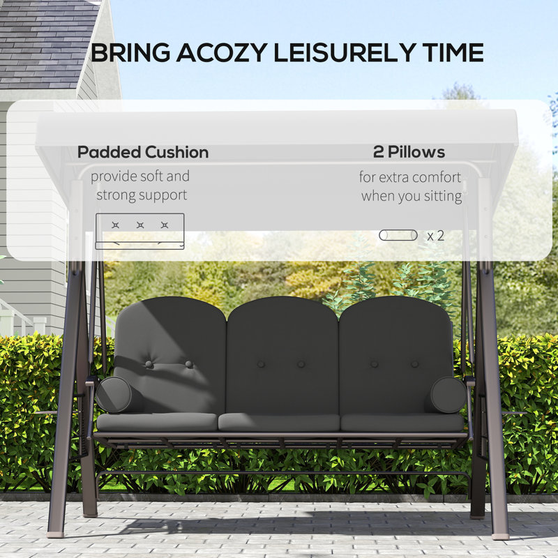 3 Seater Porch Swing Heavy Duty Outdoor Swing Chair, Dark Grey