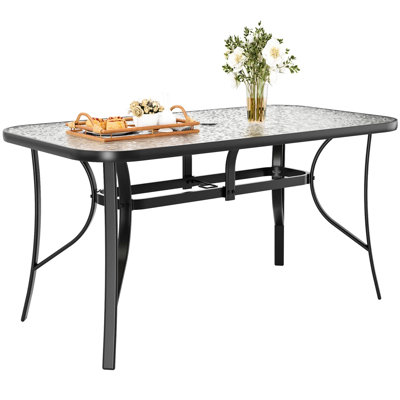 Ensemble de salle à manger de patio toutes saisons pour 6 personnes, table et chaises d'extérieur avec trou de parasol 1,69 po, table 30 po x 55 po et chaise empilable, pour pelouse, terrasse (parasol non inclus) (table noire et chaises grises)