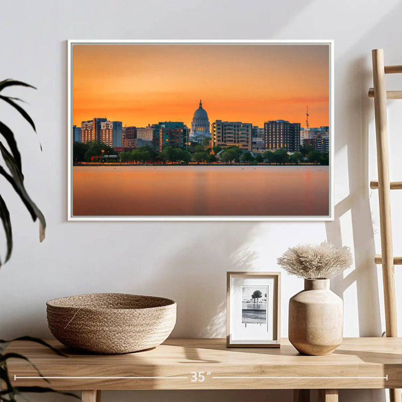 Madison Wisconsin At Sunset, Floating Frame White, 25" X 17"