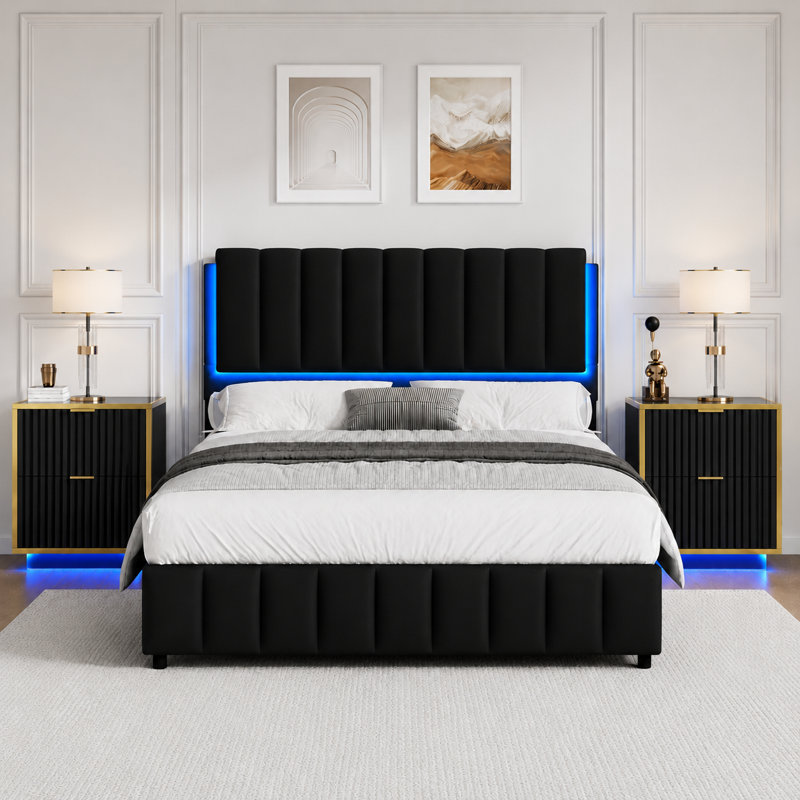 Ensemble de lit plateforme en similicuir avec lumières DEL et table de chevet moderne avec tiroirs cannelés, Noir, Lit double