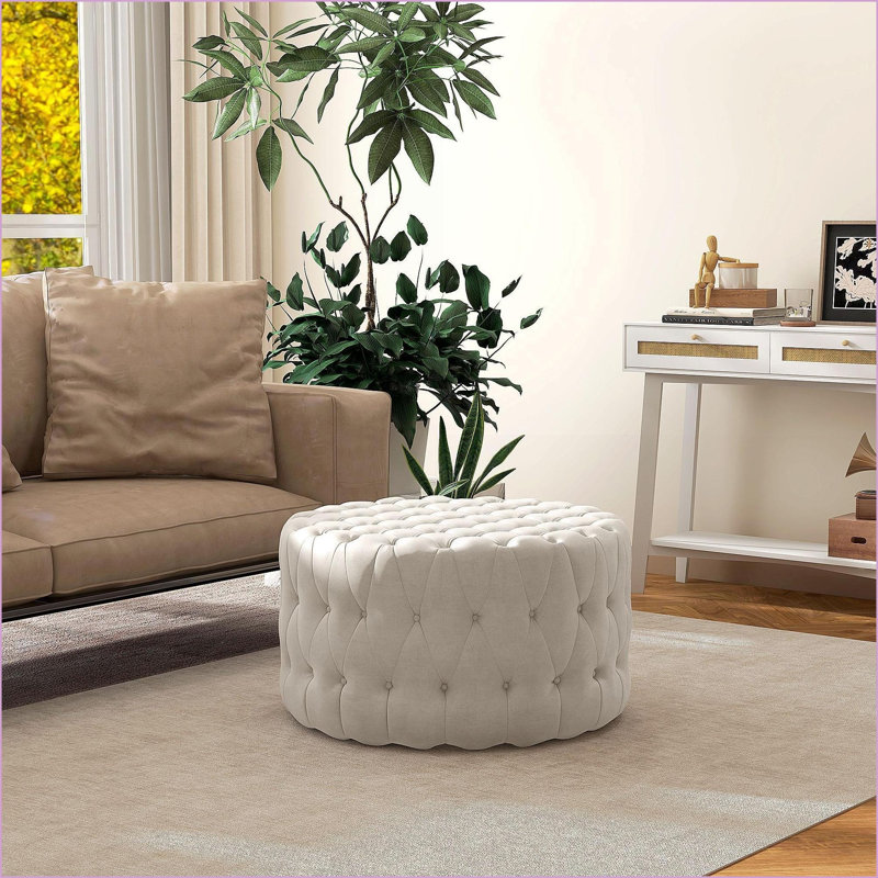Ottoman 31.5” Round Velvet-Feel Button Tufted for Living Room Entryway | Beige | Polyester