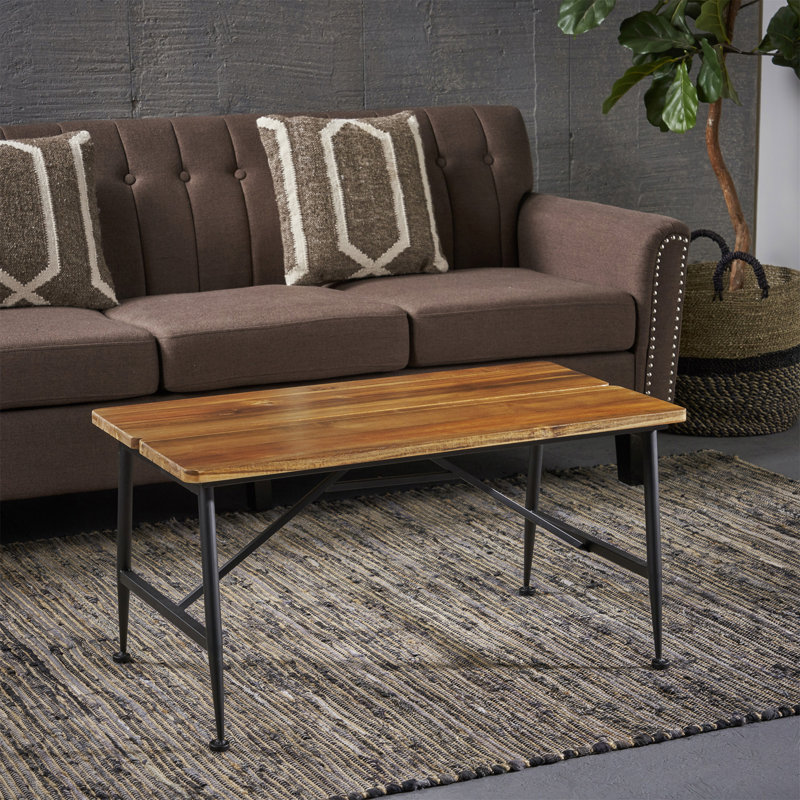 Table basse d'extérieur rectangulaire avec pieds tubulaires en angle et plateau en bois (table basse incluse, sans chaises)