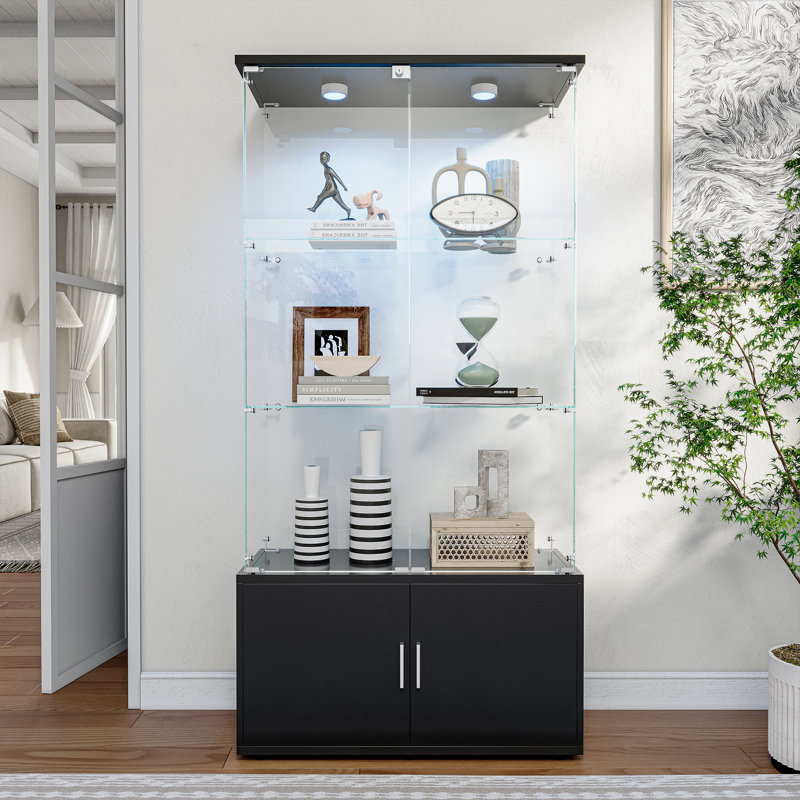 3 Tier Glass Display Cabinet with Storage Cupboard & LED Push Light, Modern Metal Frame Showcase Unit for Living Room Bedroom Office