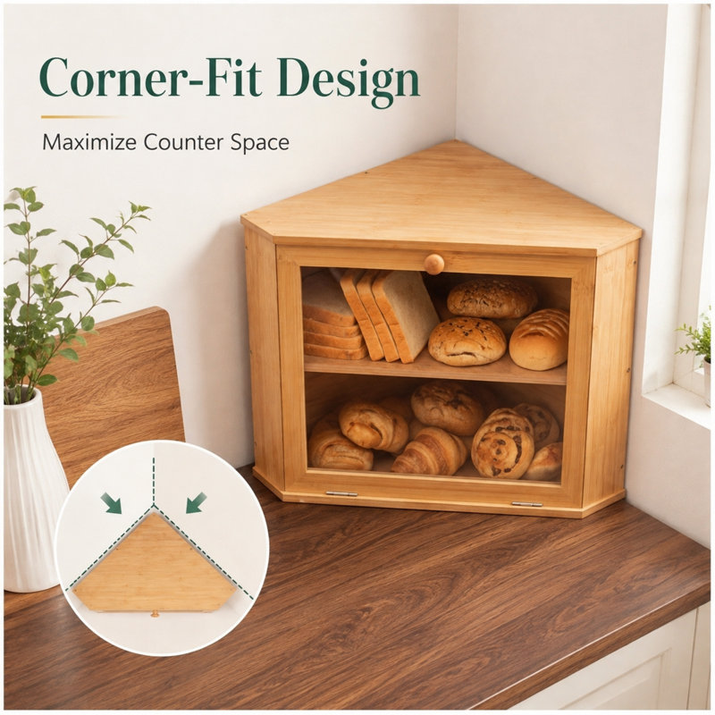 Natural Bamboo Corner Bread Box for Kitchen Counter 2 Layers Food Storage Container