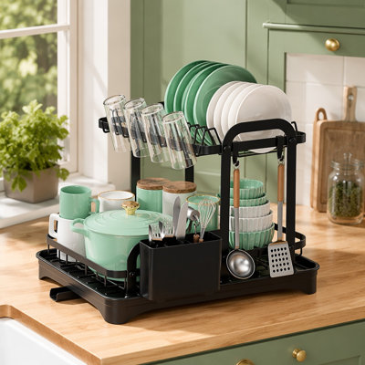 2 Tier Dish Drying Rack for Kitchen Countertop Dish Rack with Drainboard & Utensil Holder