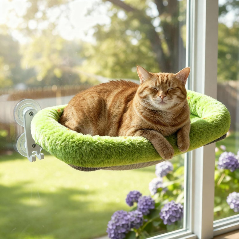 Cordless Cat Window Perch, Foldable Cat Window Hammock, 4 Strong Suction Cups, Solid Metal Frame, Patented Hook Design