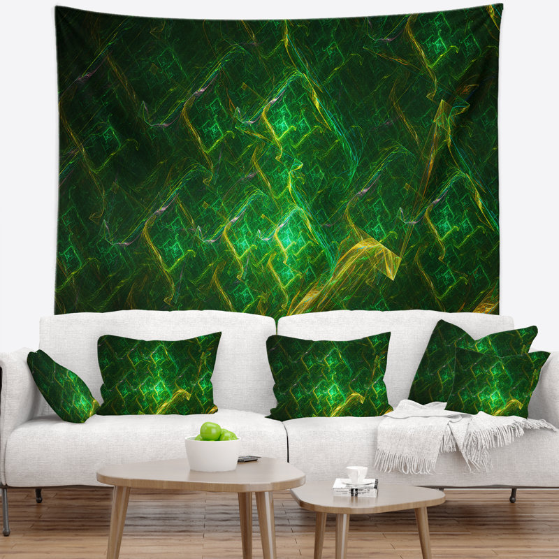 Tapisserie abstraite à motif fractal électrique vert, H 68 po x l 80 po
