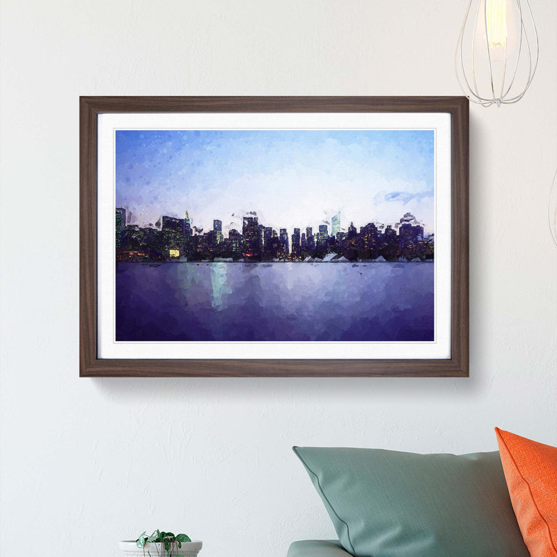 Night skyline of New York in Abstract - Picture Frame Graphic Art Print, 27cm H x 36cm W x 2cm D, Walnut Framed