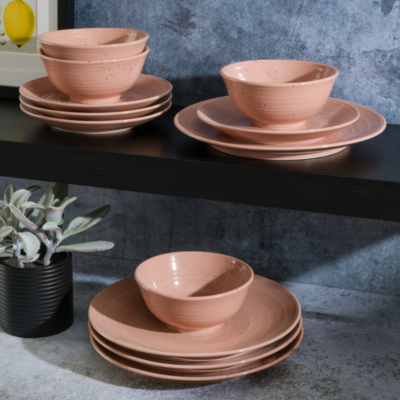 Gibson Elite Ramapo 12 Piece Solid Color Speckled Dinnerware Set - Purple, Coral Orange