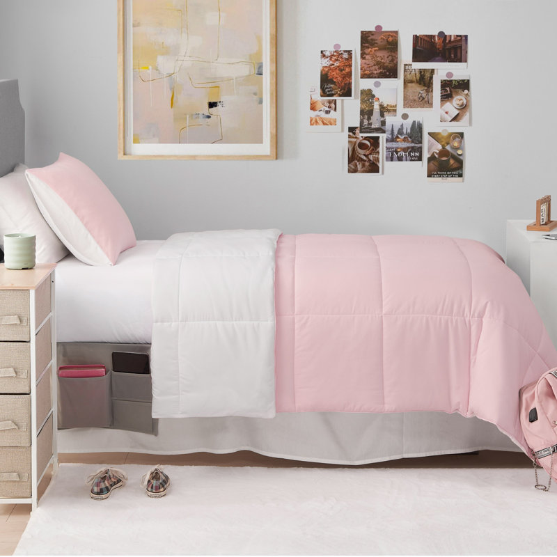 The Sheet Lab Box Stitch Reversible Comforter Sets, Twin Extra Long Comforter + 1 Standard Sham, Light Pink/White