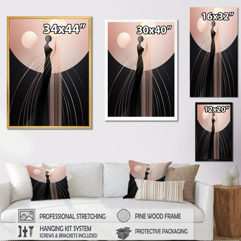 Art nouveau, pleine lune, silhouettes - impressions géométriques murales modernes, Cadre naturel flottant, 40" H x 30" W