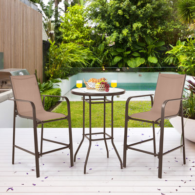 Winston Porter 3PCS Patio Bar Set Outdoor Bistro Set w/ 2 Stools & 1 Tempered Glass Table Brown
