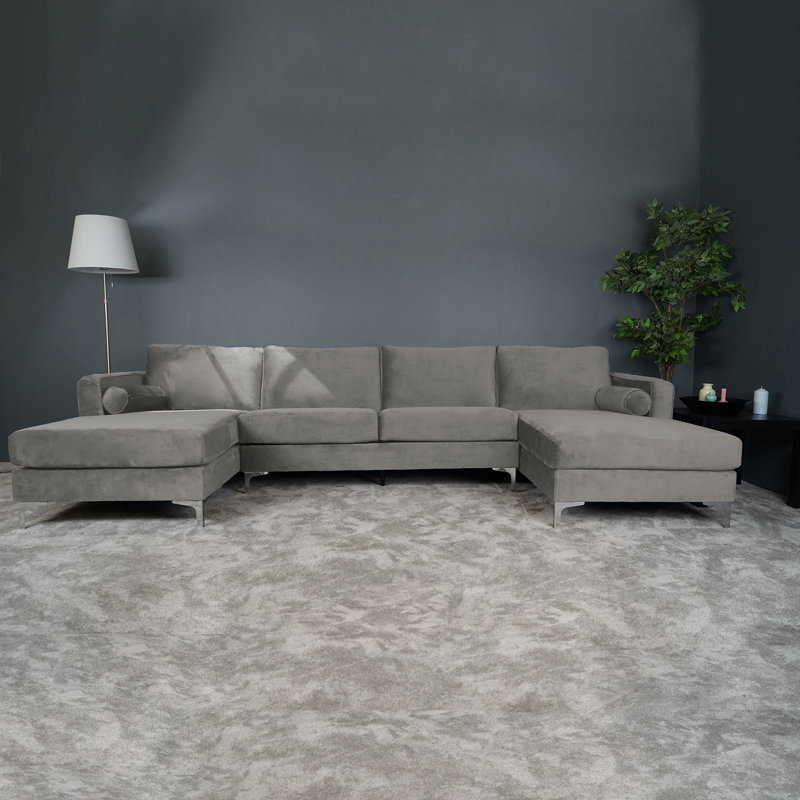 Canapé et méridienne symétriques en velours Camario, gris clair