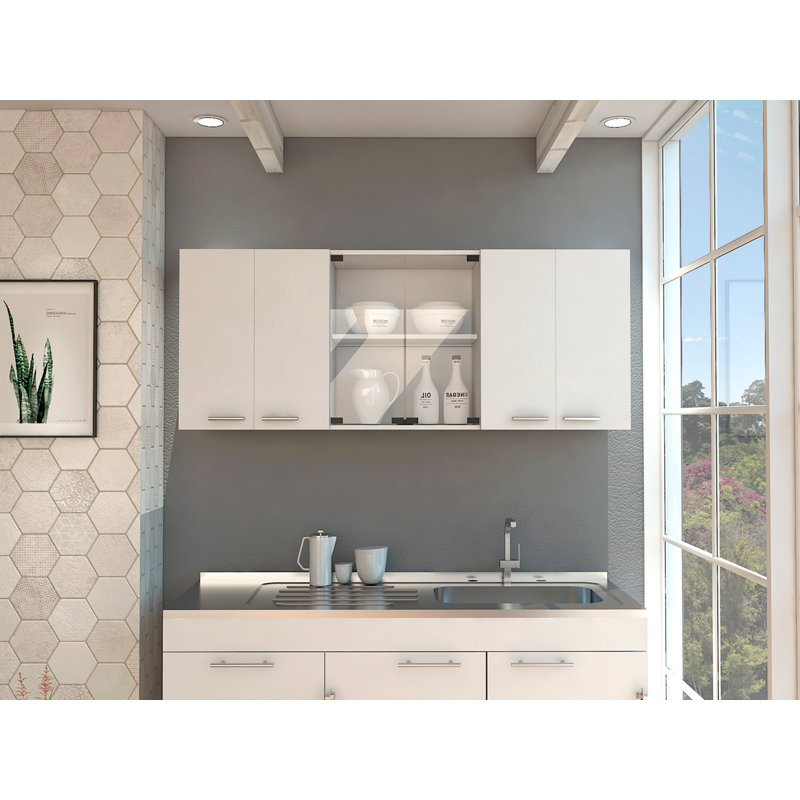 Armoire murale Superior 150 avec verre, quatre tablettes intérieures et deux portes doubles, Blanc