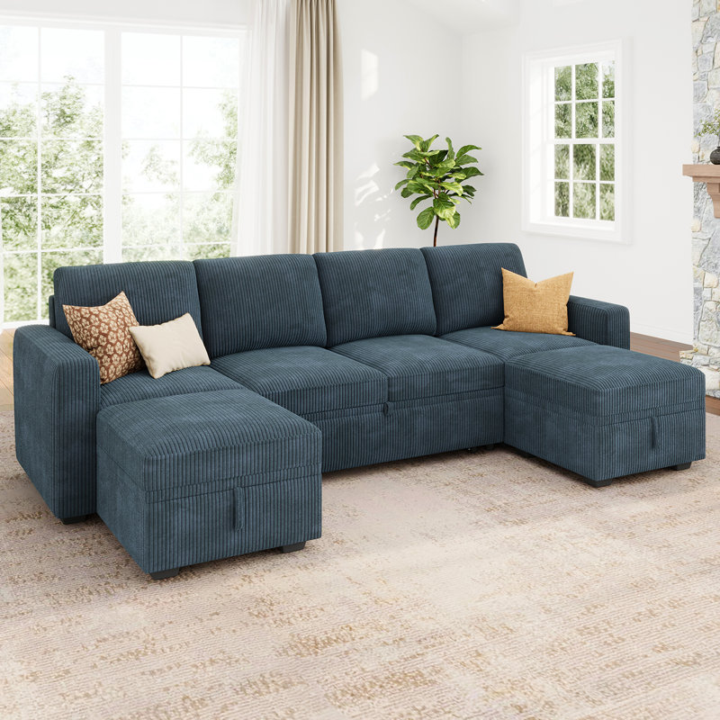 Canapé modulaire avec rangement en U Niyona, Blue Couduroy