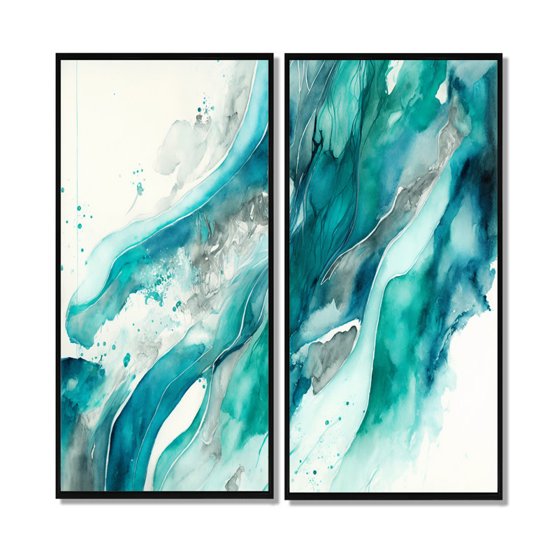 Turquoise Waves In Paradise I - décoration murale moderne verte, 20" H x 24" W, Impression encadrée flottante, Black