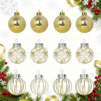 Ensemble de boules de Noël en plastique transparent incassable de 60 mm / 2,36 po avec peinture scintillante, boules de cristal transparentes et transparentes, décorations d'arbre de Noël (12 pièces, or)
