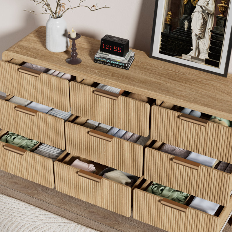 9-Drawer Dresser For Bedroom, 57''W Modern Storage Dressers Chest Of Drawers W/ Curved Edge, Tan