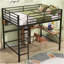 Lit mezzanine double en métal et bois avec bureau en L et tablettes, noir et brun