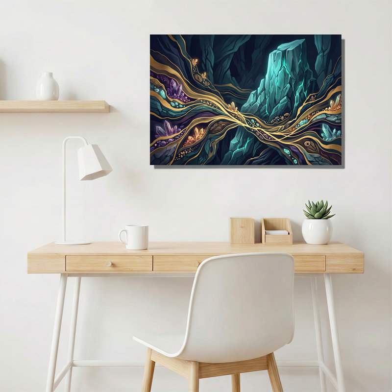 Art mural sur toile "Blue Crystal Cave" avec veines dorées et fossiles, 12"H x 18"W
